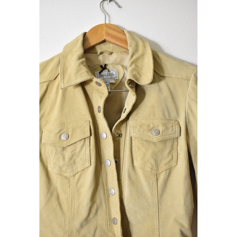Live a Little Leather Jacket Womens M Tan 90s Perforated Suede Western Trucker - Picture 2 of 5
